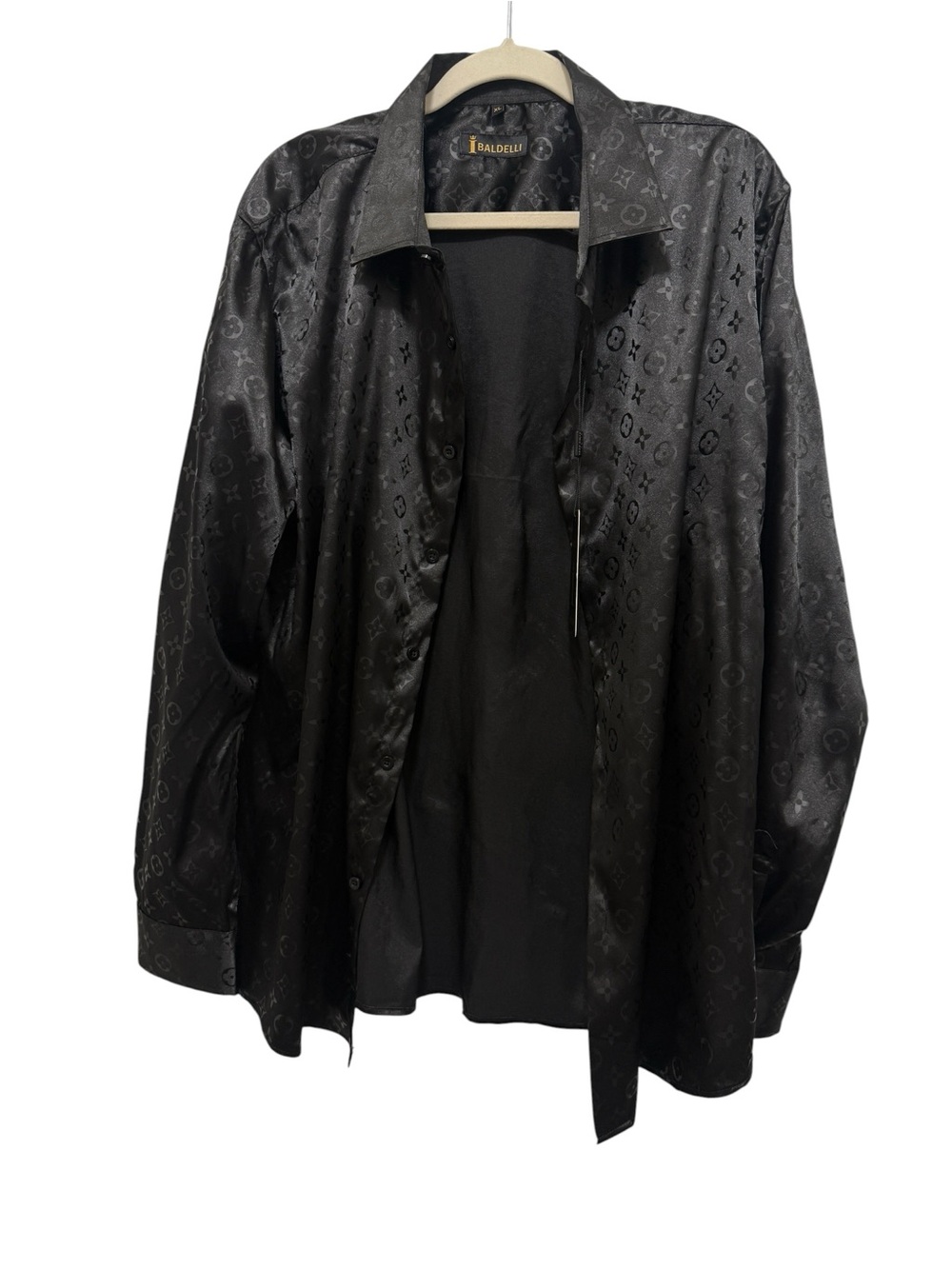 Men's Black Satin Button-Up Shirt. Copy of Louis Vuitton logo brand new. - Picture 9 of 11